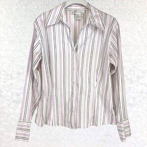 dressbarn White Button Down Long Sleeve Shirt with Purple & Black Stripes Size M